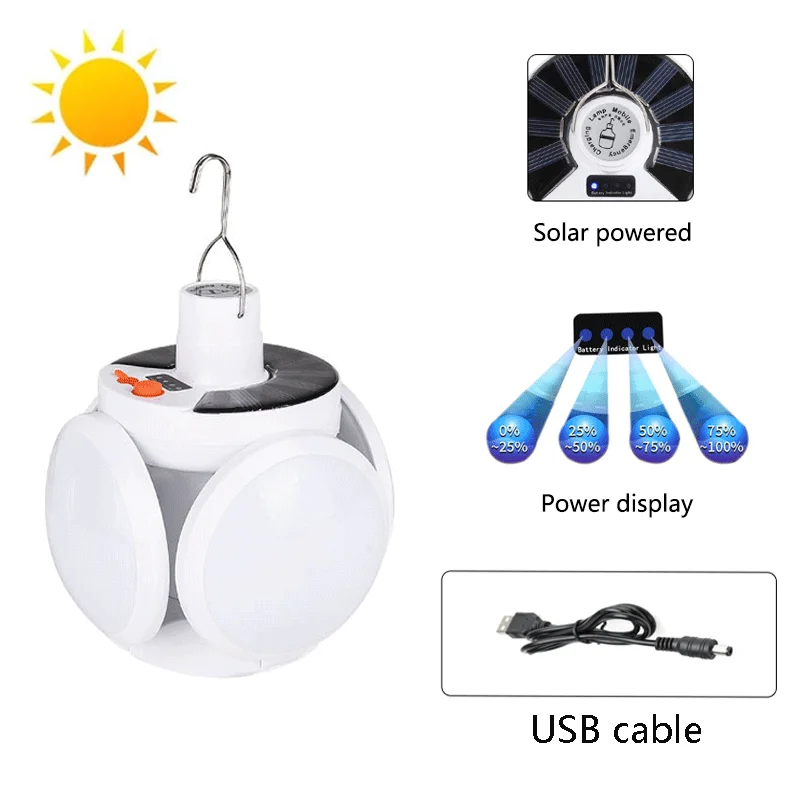 

New LED Solar Camping Light Bulb Outdoor Waterproof 90° Fold Solar Emergency Rechargeable Night Light Hiking Fishing Garden Lamp