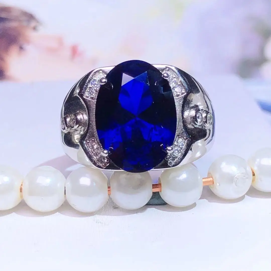 exquisite royal blue sapphire gemstone ring for men ring  good cut 925 sterling silver birthday gift big size 10x14mm