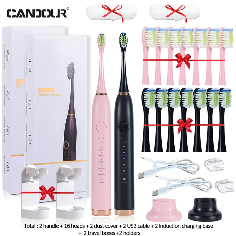 CANDOUR 5138 Sonic Electric Toothbrush Adult Timer Brush USB Rechargeable Electric Tooth Brushes with 8pc Replacement Brush Head