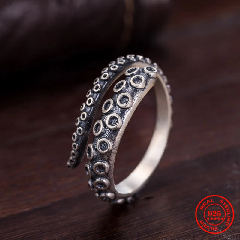 MKENDN 925 Sterling Silver Rings Gothic Deep Sea Squid Octopus Ring Fashion Jewelry Opening Adjustable Size Top Quality Jewelry