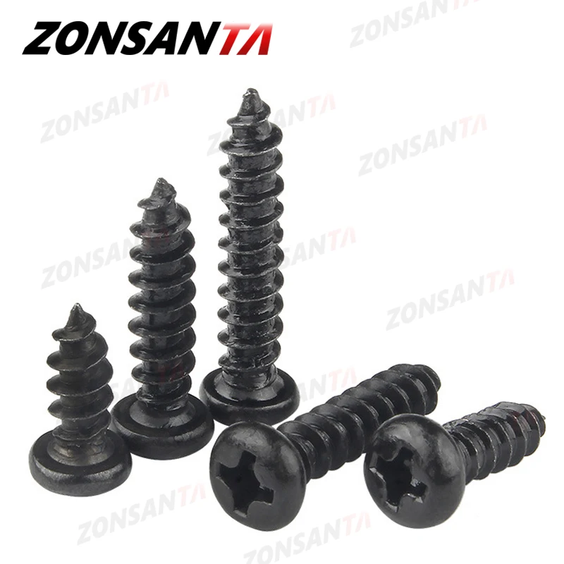 ZONSANTA  Pan Round Head Self tapping Screw M1.2 M1.4 M1.7 M2 M2.2 M2.6 M3 M3.5 M4 Small Carbon steel Cross Phillips Black Screw