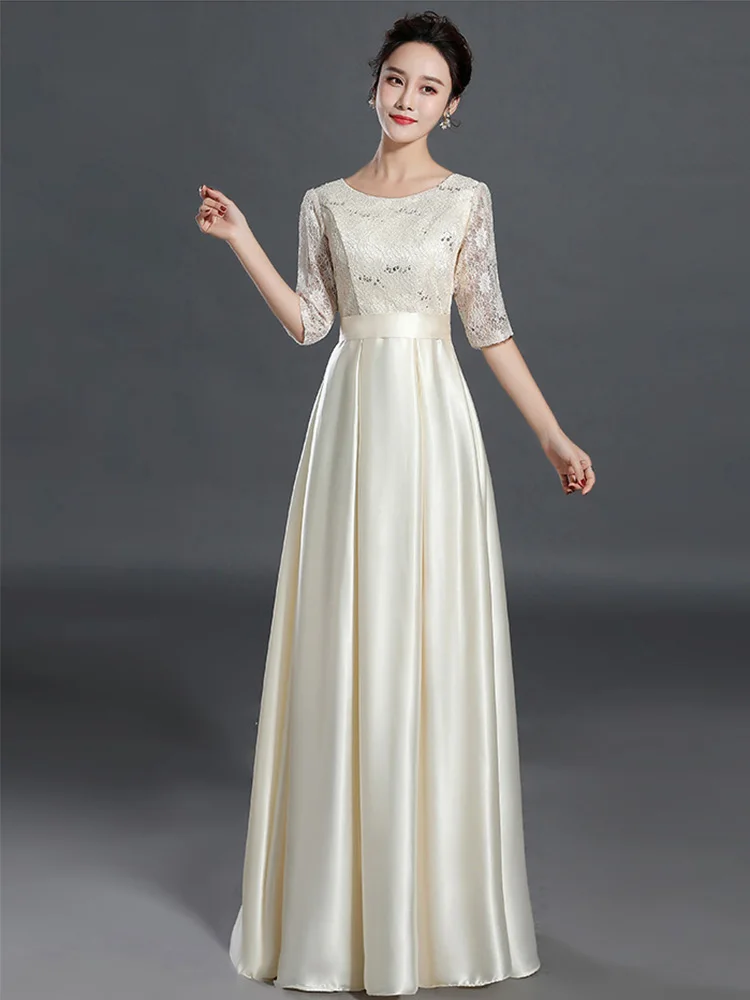 ครึ่งแขนลูกไม้ผู้หญิงอย่างเป็นทางการโอกาสElegant A-LineซาตินชุดราตรีO-Neck Party Prom Gowns Homecoming Dress