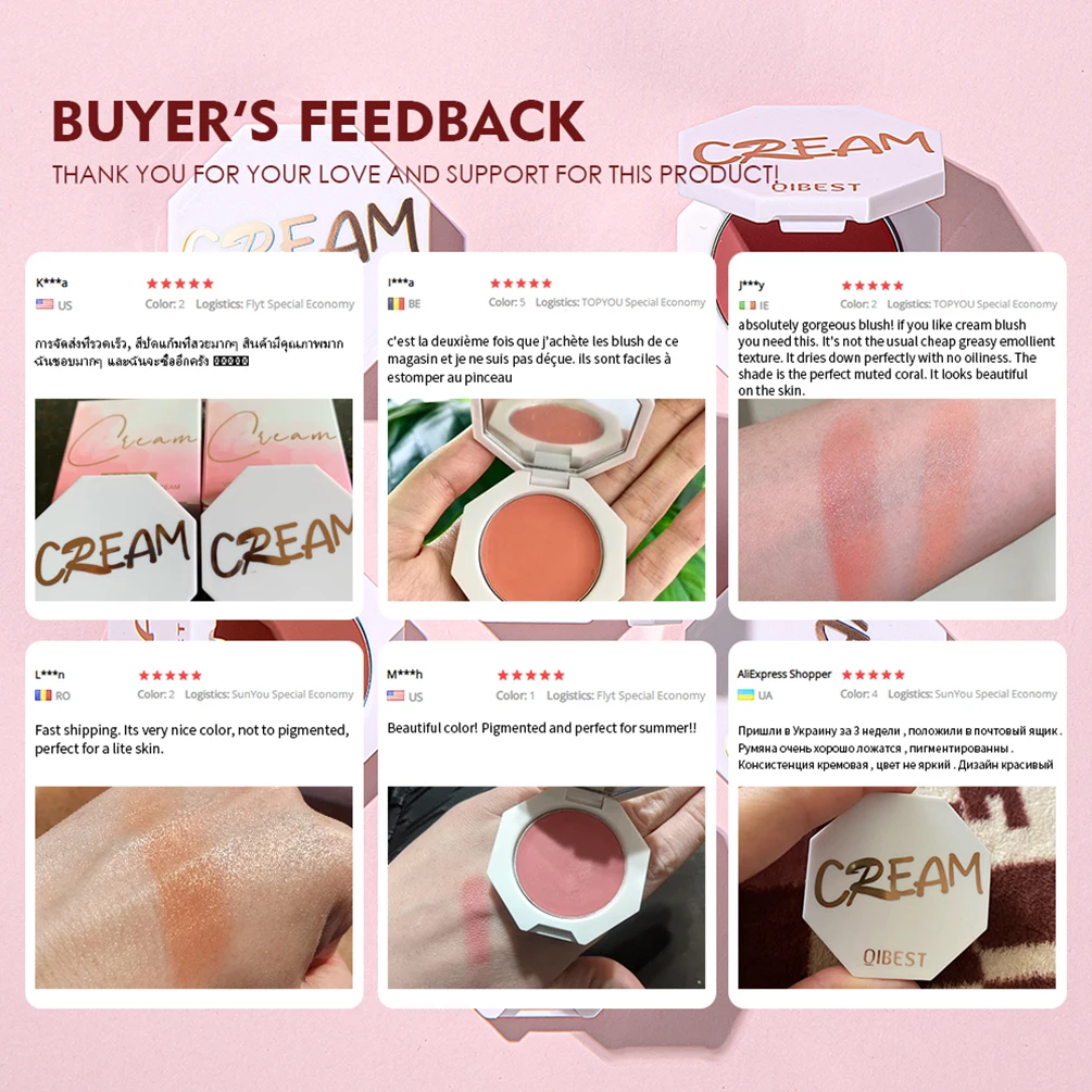 QIBEST Makeup Blush Palette Smooth 6 Colors Cheek Stain Peach Blusher Cream Contour Cosmestics Face Rouge Natural Blush Palette