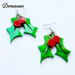 Donarsei Cute Christmas Bell Drop Earrings For Women Xmas Cartoon Green Leaves Red Berry Acrylic Dangle Earrings Party