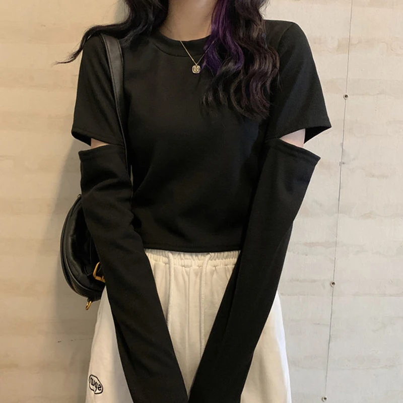 Crop Top Fall 2021 Women Fashion Sexy Sweet Slim Inside Long Sleeve T Shirt Ripped Hole Black White Gray Oversized Punk Clothing