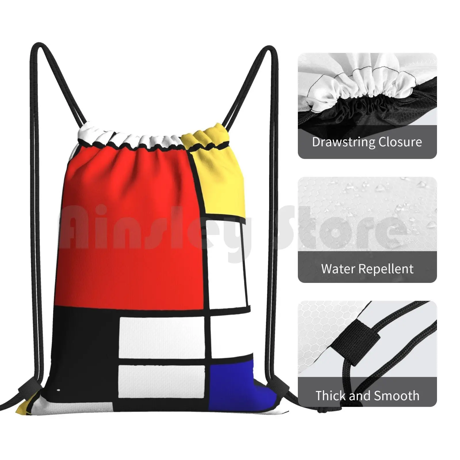 Mondrian Backpack Drawstring Bags Gym Bag Waterproof Mondrian Geometric Primary Colours Artistic Minimalist Colorful