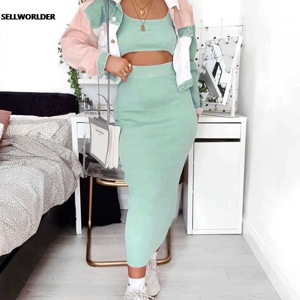 Women Casual Sets Green Top and Casual dress Fitness Long Two Piece Suit