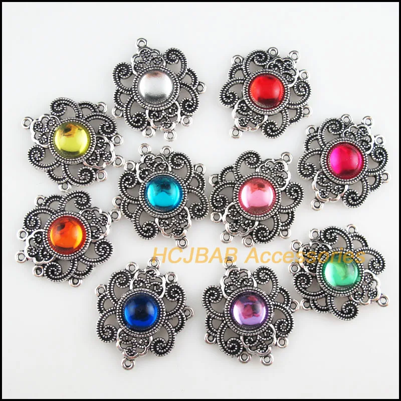

10 New Round Charms Mixed Acrylic Flower Connectors Tibetan Silver Tone 28x31mm