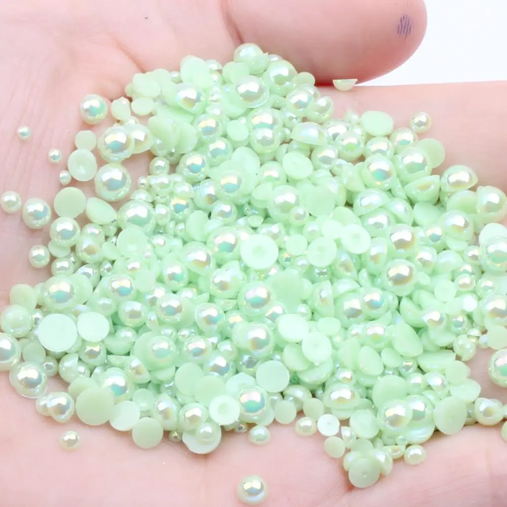 Green AB Glue On Resin Half Round Pearls 2-12mm And Mixed Sizes Non Hotfix Beads For Jewelry Making Decorations DIY