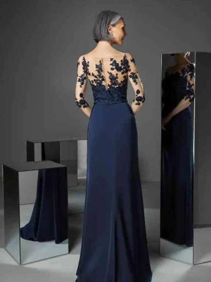 Navy Blue Mother Of The Bride Dresses A-line Half Sleeves Chiffon Appliques Plus Size Long Groom Mother Dresses For Wedding