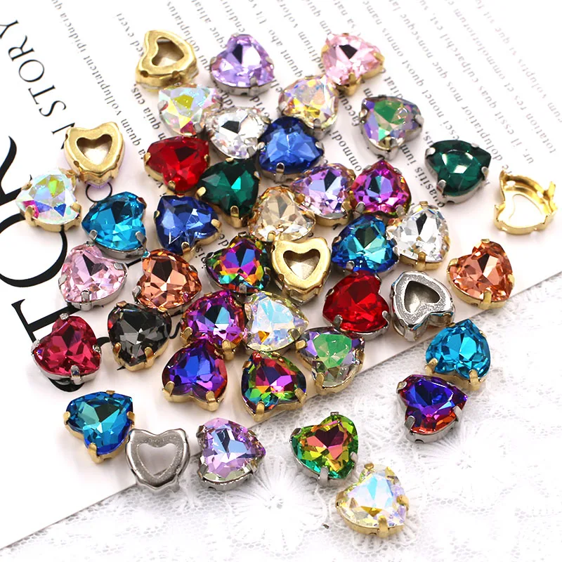 Clothing Accessories 8mm/10mm/12mm/14mm High Quality Glass Crystal Strass Heart Shape Rhinestones Claw Setting Sew On Dress/Bags