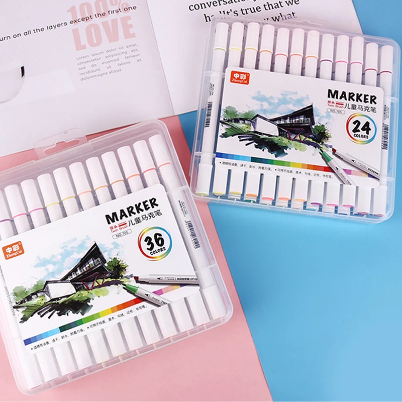 Makeasy 24 色ダブルチップマーカーフェルトチップマーカーペンスモールヘッドフックラインペンマルチペン (8 セット)