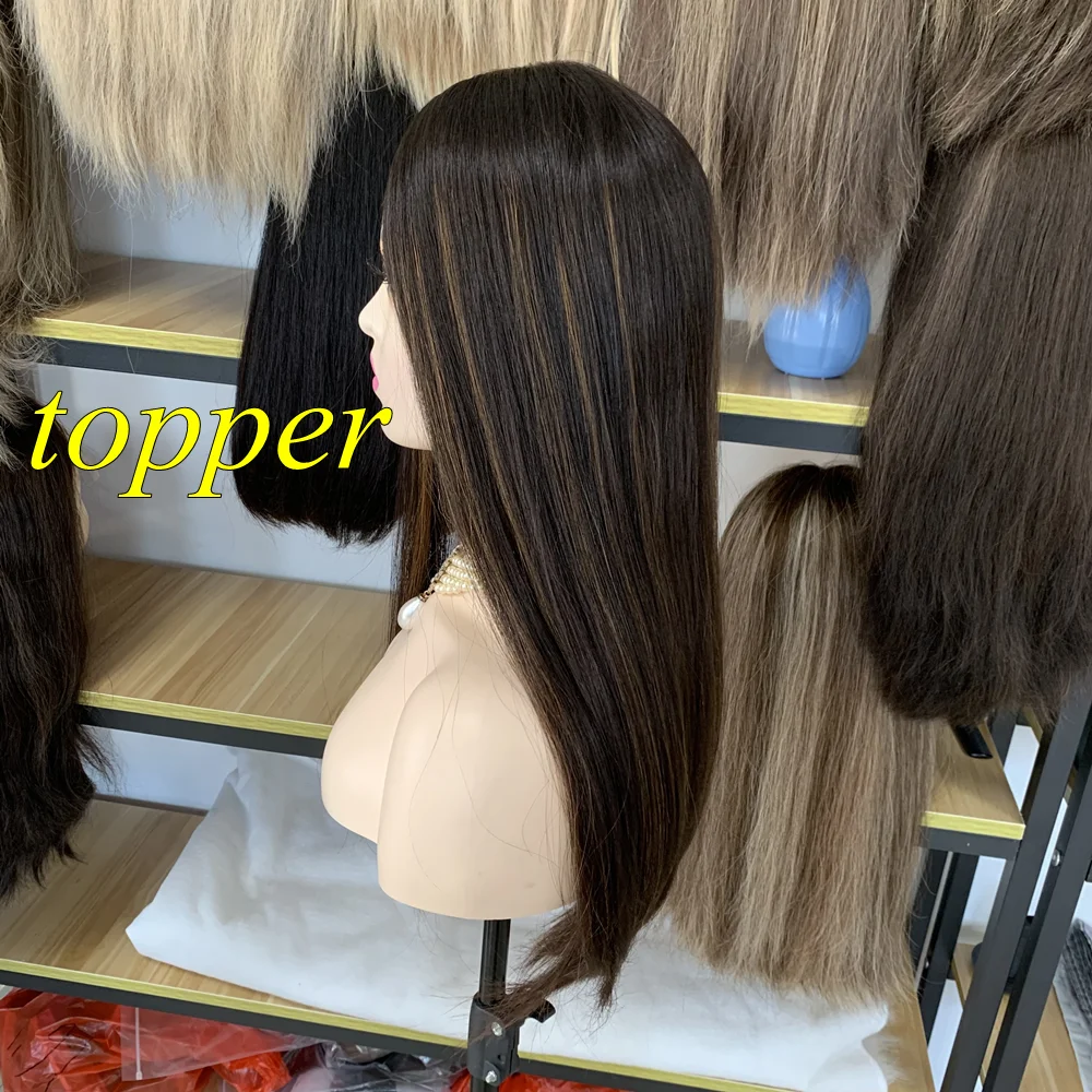 

Skin Jewish Topper Soft Silky European Virgin Human Hair silk topper dark base with highlight Kosher Hairpiece Free Shipping