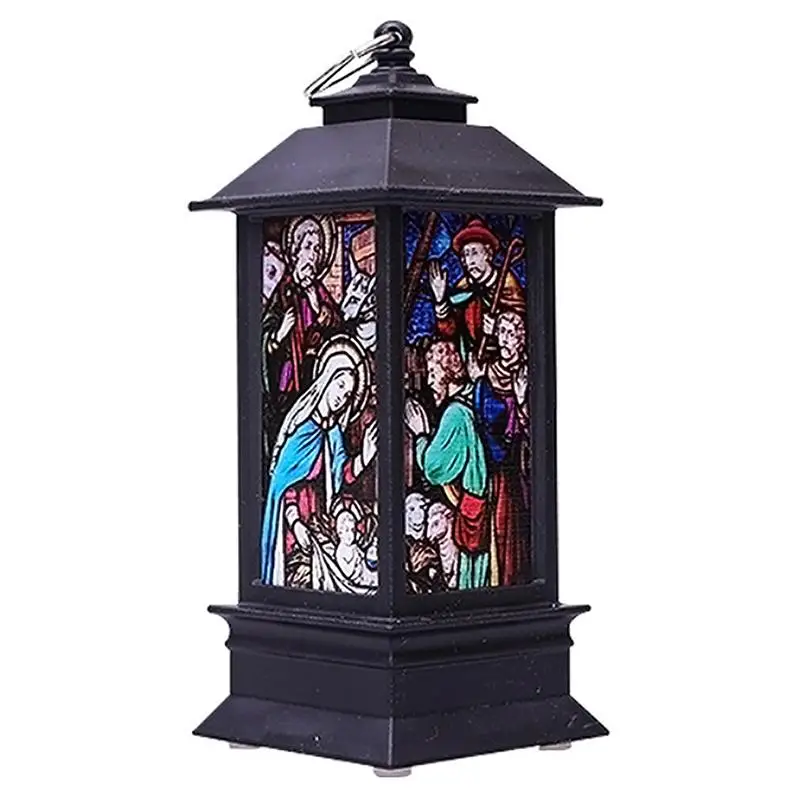 Christmas LED Storm Lantern Church Jesus Pattern Simulated Small Oil Lamp