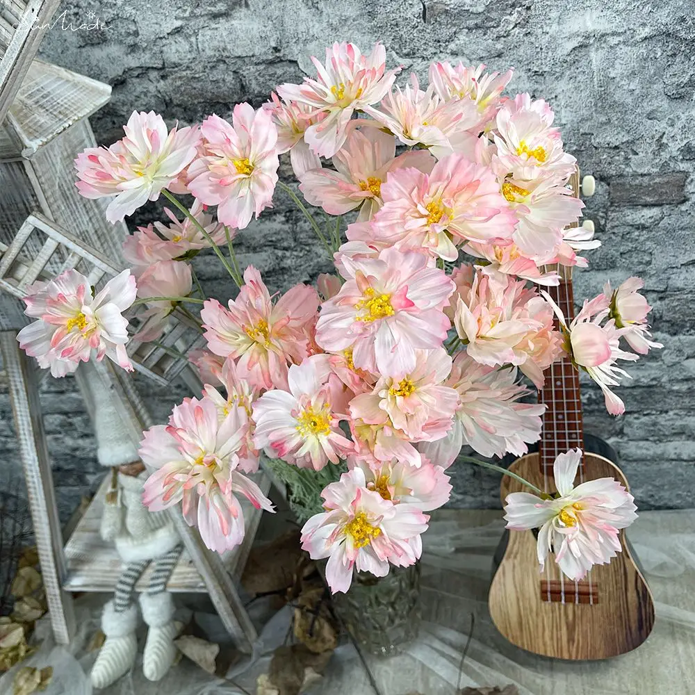 SunMade 3 Heads Dried-like Gerbera Vintage Flores Silk Artificial Flowers Accessaries for Flower Arrangement Fall Decor