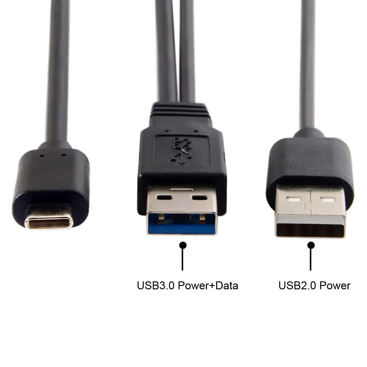 USB 3.0 Power Data Male & USB 2.0 Dual Power to USB-C Type-C Y Cable Cord for Lap top & Hard Disk 60cm Black