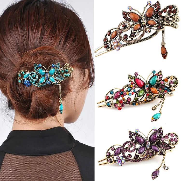 Classic Retro Ethnic Style Crystal  Hair Pins Bridal Headwear  Rhinestone Butterfly Hair Clips Women Hair Accessories Jewelry