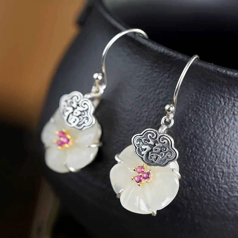 S925 sterling silver inlay and Tianyu white jade butterfly Fuqi ladies earrings free shipping