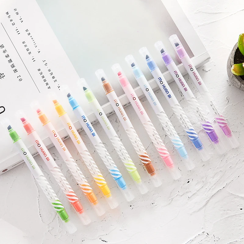 12pcs Magic Color Highlighter Pen Set Dual-side Fluorescent Erasable Marker Liner Drawing Art Pen Stationery Office School A6809