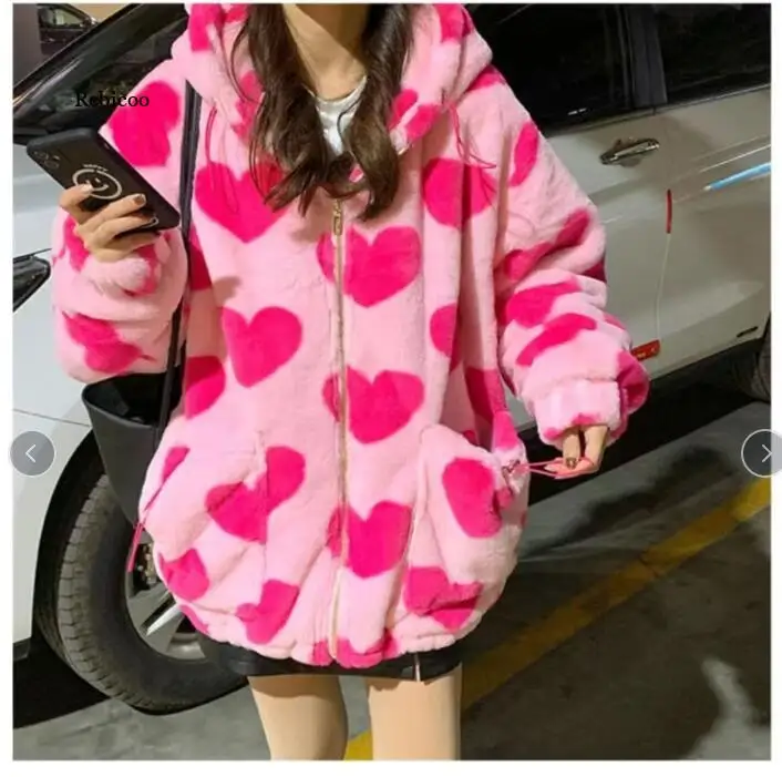 Autumn Winter Thick Jacket Female Casual Fashion Lamb Fluffy Comfortable Sweet Korean Loose Heart Pattern Warm Faux Fur Coat