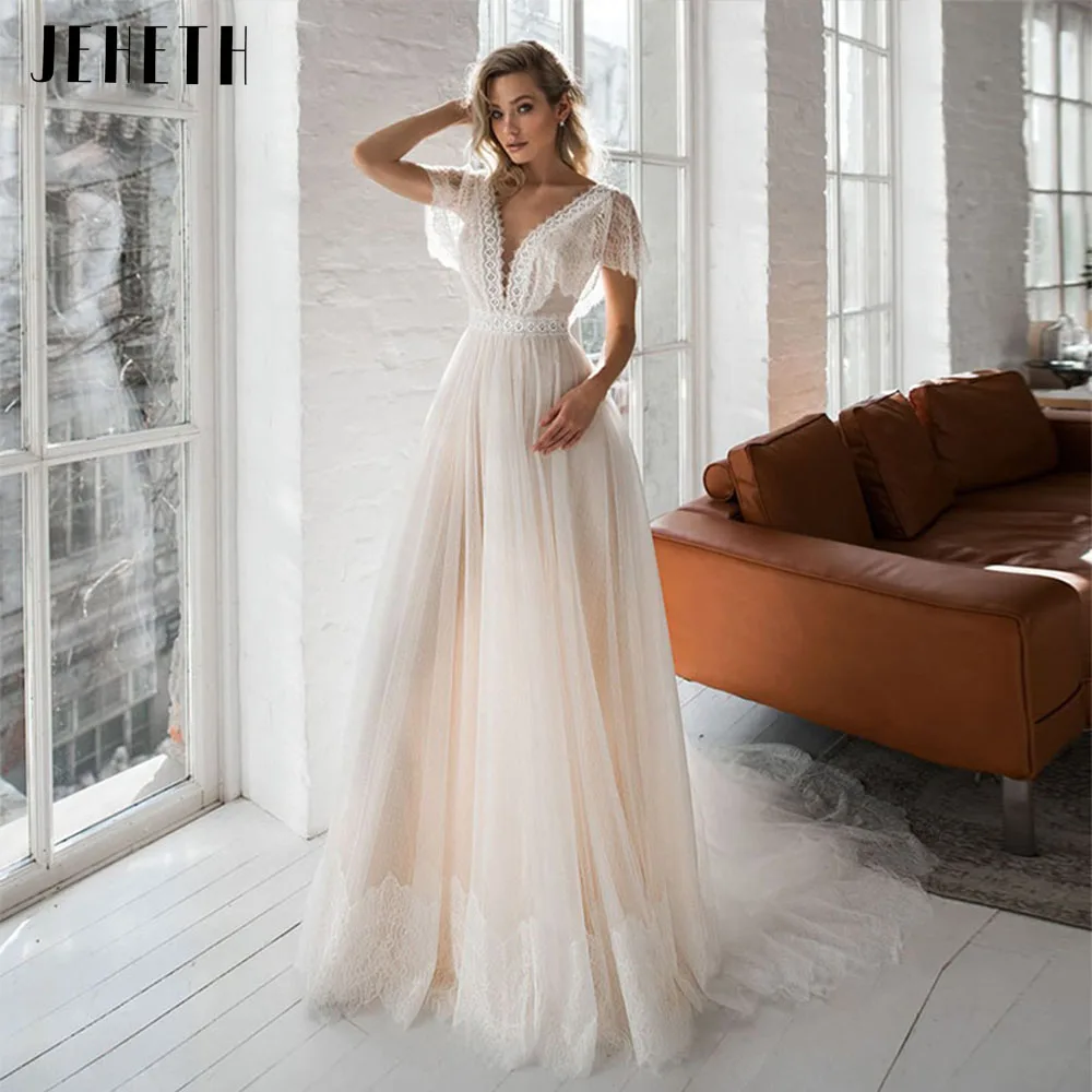 JEHETH Cap Sleeve Boho Wedding Dresses Backless Lace Appliques Beach Bride Gowns Robe De Mariée Dot Tulle V-Neck Sweep Train