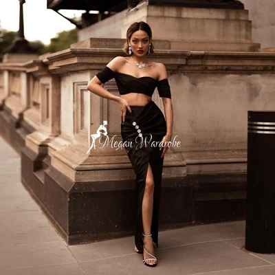 Chic Fashion 2 Pieces Black Stain Women Outfits Sexy Off Shoulder Short Tops And Side Split Long Mermaid Skirts For Casual Wear