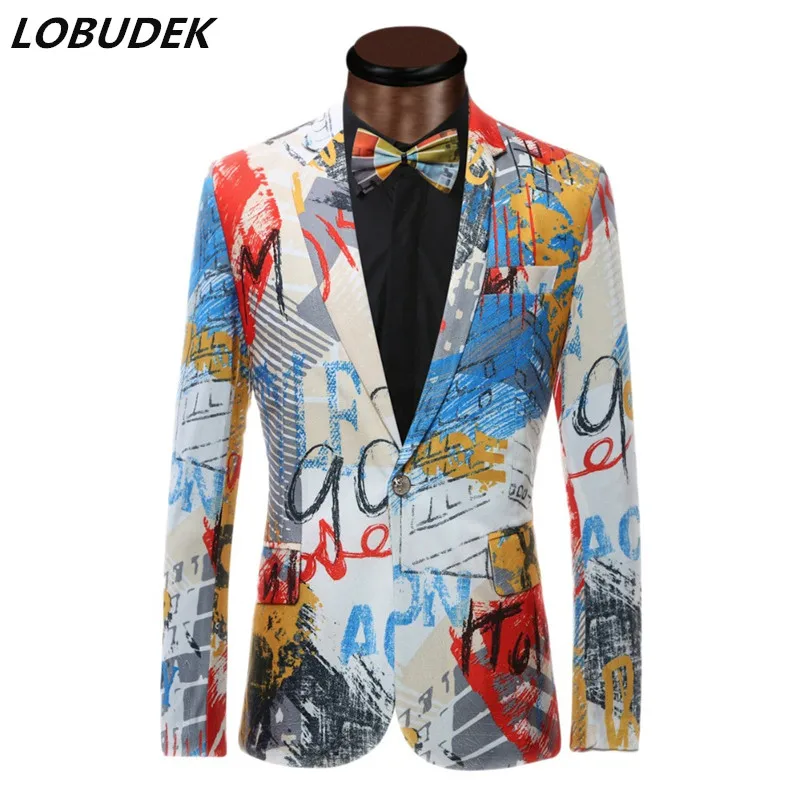 Graffiti Print Casual Suit Coat Tide Male Singer Stage Performance Blazers Host Tuxedo Jacket Stage Costume Euro Plus Size