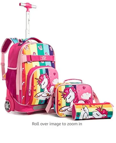 Kids school Rolling Luggage backpack School Trolley Bags set with lunch bag Wheeled backpack for girls boys Travel Trolley Bags