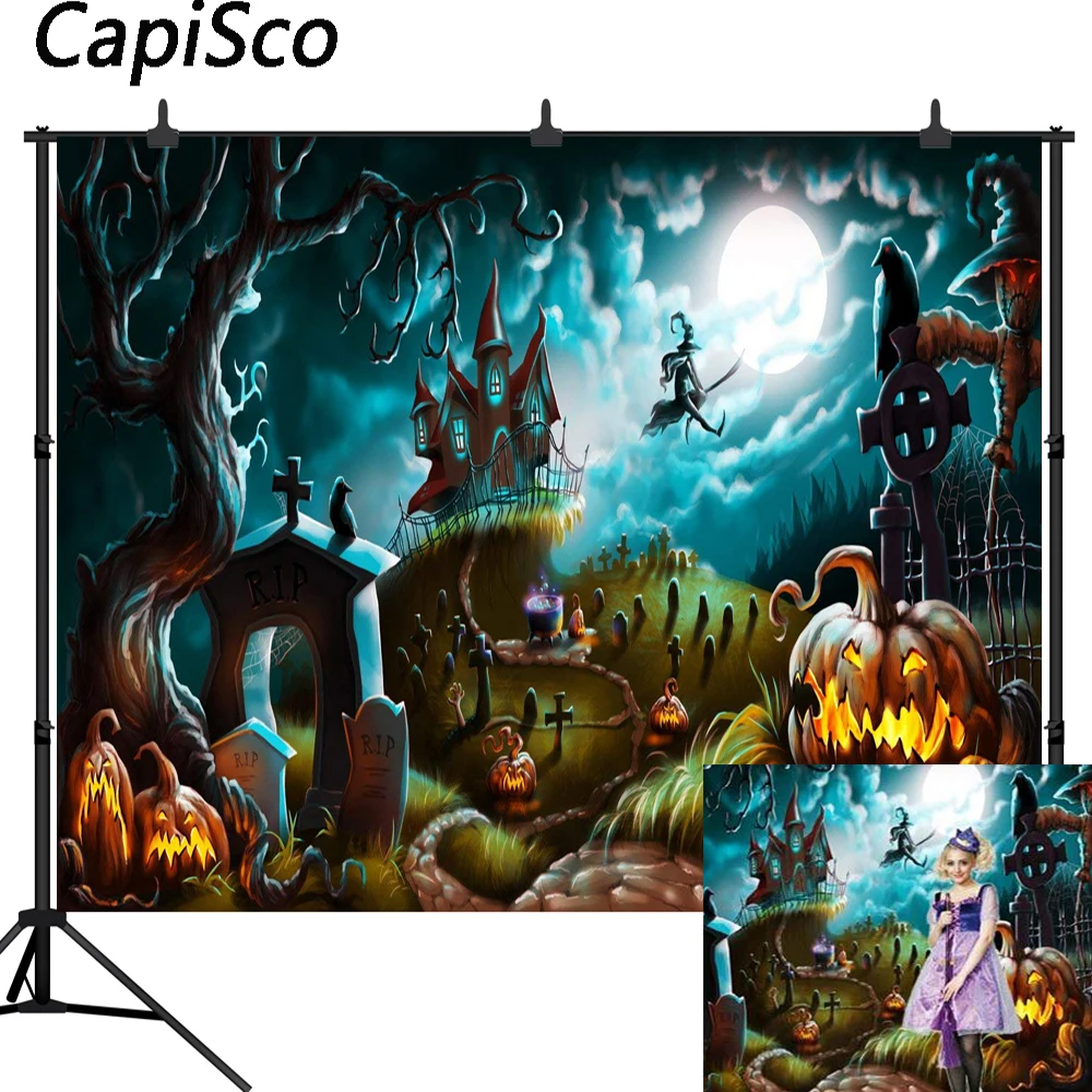 Capisco zdjęcie tło Halloween zamek fotografia tło noc czarownica wrony dynia księżyc cmentarz Cartoon Photostudio rekwizyty