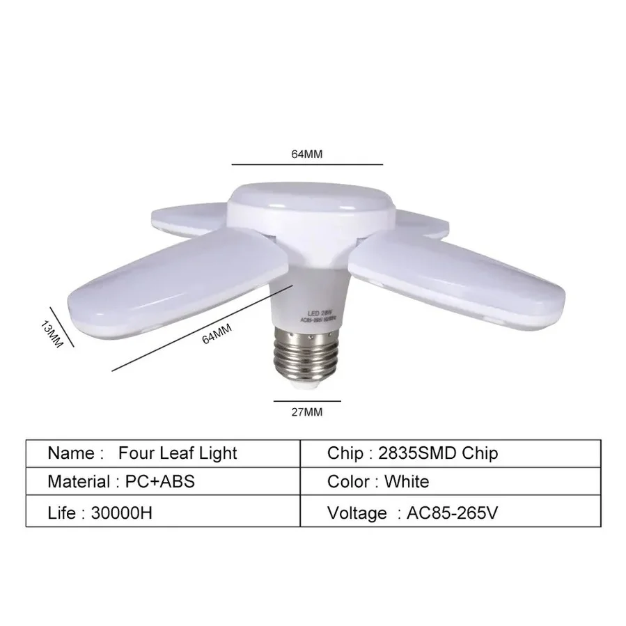 VnnZzo LED Mini Folding Led Fan Light Bulb E27 Lampada AC85 - 265V 28W Foldable Fan Blade Angle Adjustable Light Bulb