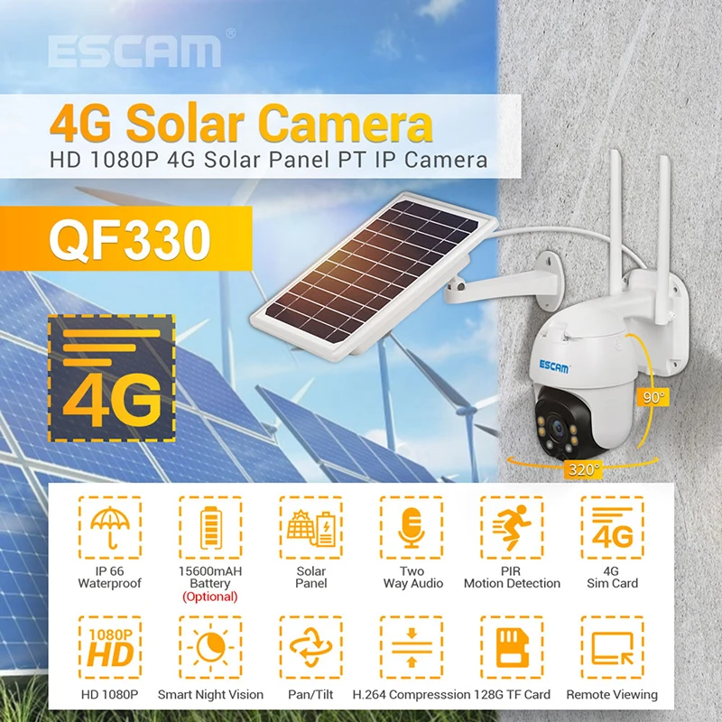 ESCAM QF330 1080P PT 4G Battery PIR Alarm IP Camera With Solar Panel Full Color Night Vision Two Way Audio IP66 Security Camera