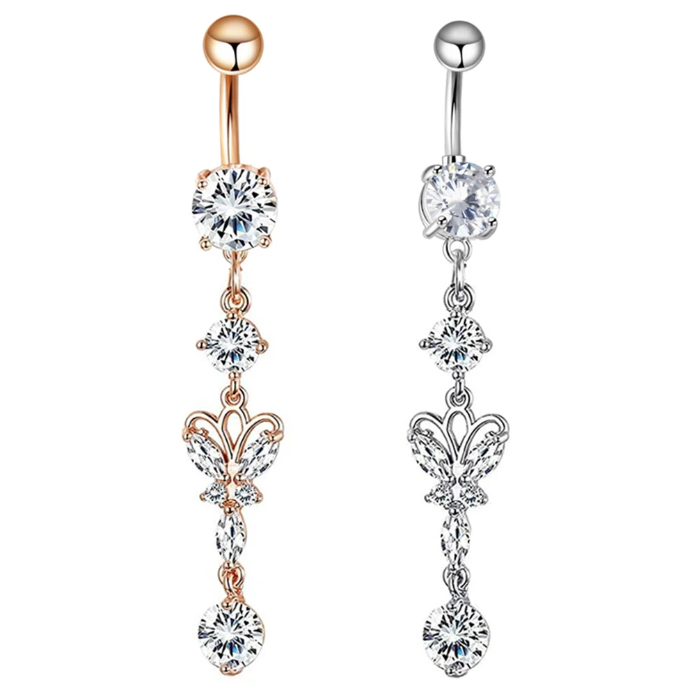 crystal butterfly umbigo piercing anel piercing umbigo de ouro rosa dangle girassol aco cirurgico 14g 01