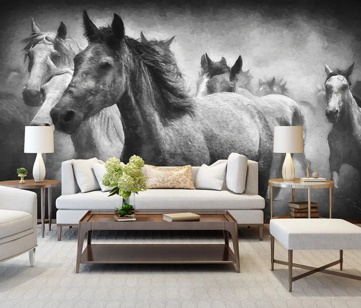 

Custom wallpaper European retro hand-painted black and white horse Nordic art background wall decoration painting 3d wallpaper