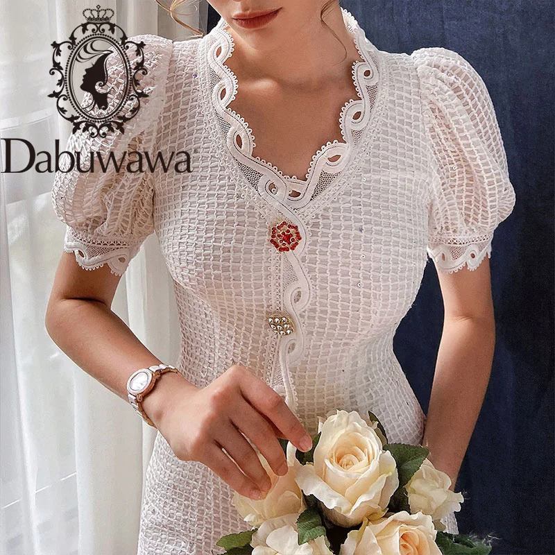 Dabuwawa Exclusive Elegant White Summer Dress Women Puff Sleeve Single Breasted V-Neck Streetwear Dress Ladies DO1BDR060