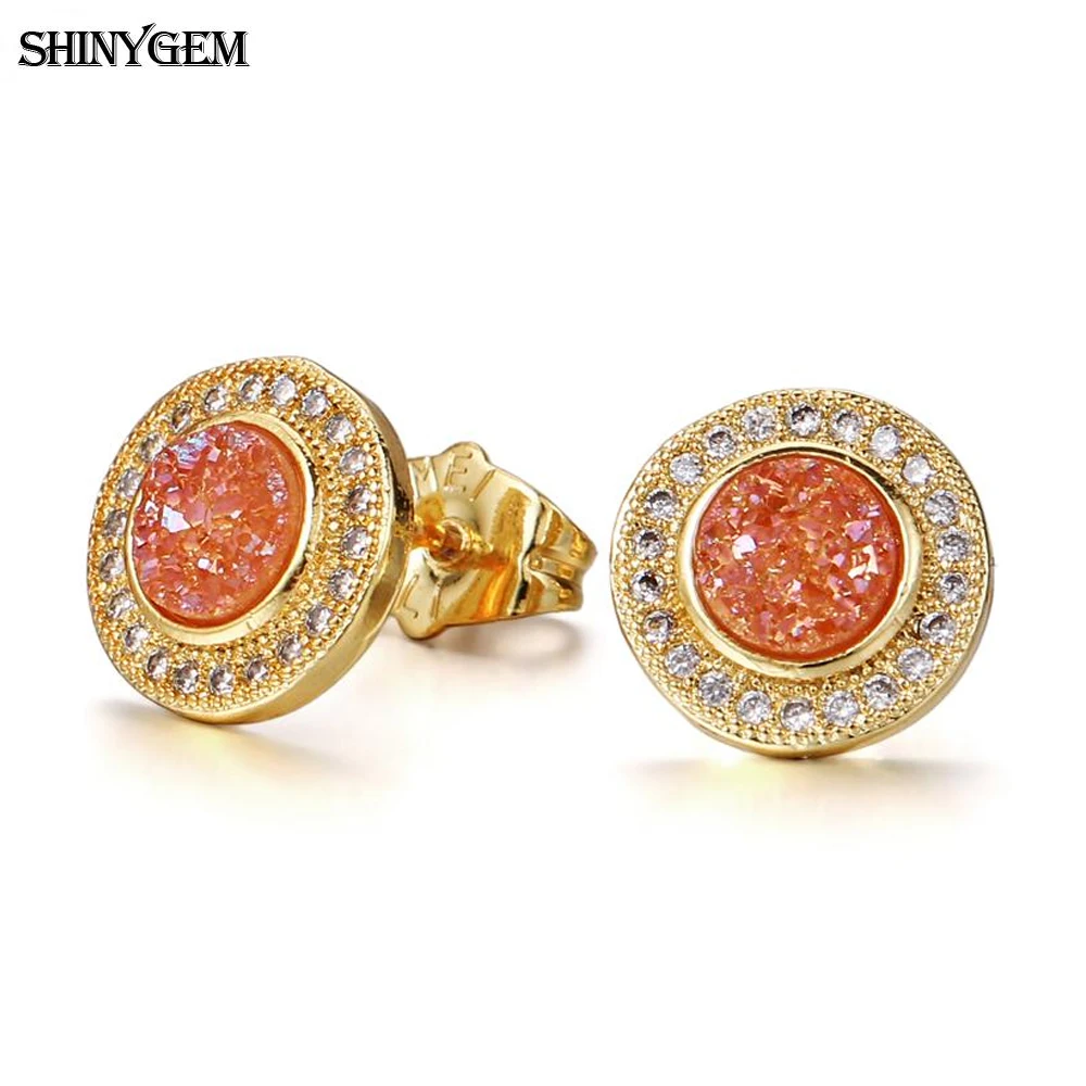 

ShinyGem Fashion Sunflower Round Natural Crystal Druzy Stud Earrings Classical Gold Plating Zircon Stone Earrings For Women Gift