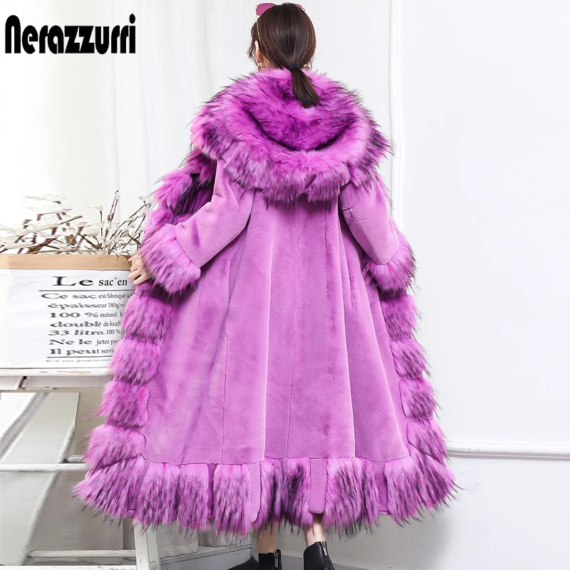 Nerazzurri Winter Long Warm Elegant Purple Fluffy Faux Fur Coats for Women Thick Black European Style Fashion with Fox Fur Trim