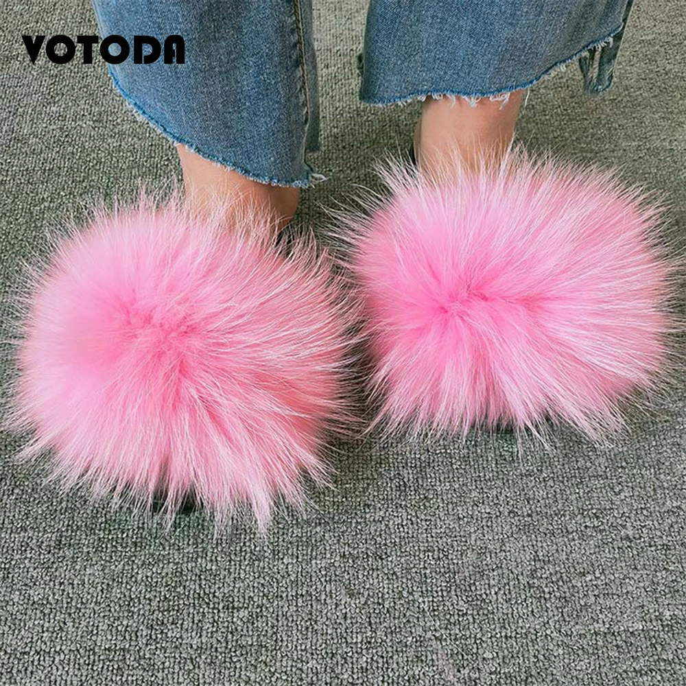 Summer Women Shoes Furry Raccon Fur Slippers Cute Fluffy Fox Fur Slides Girl Soft Home Flip Flop Breathable Non-slip Fur Sandals