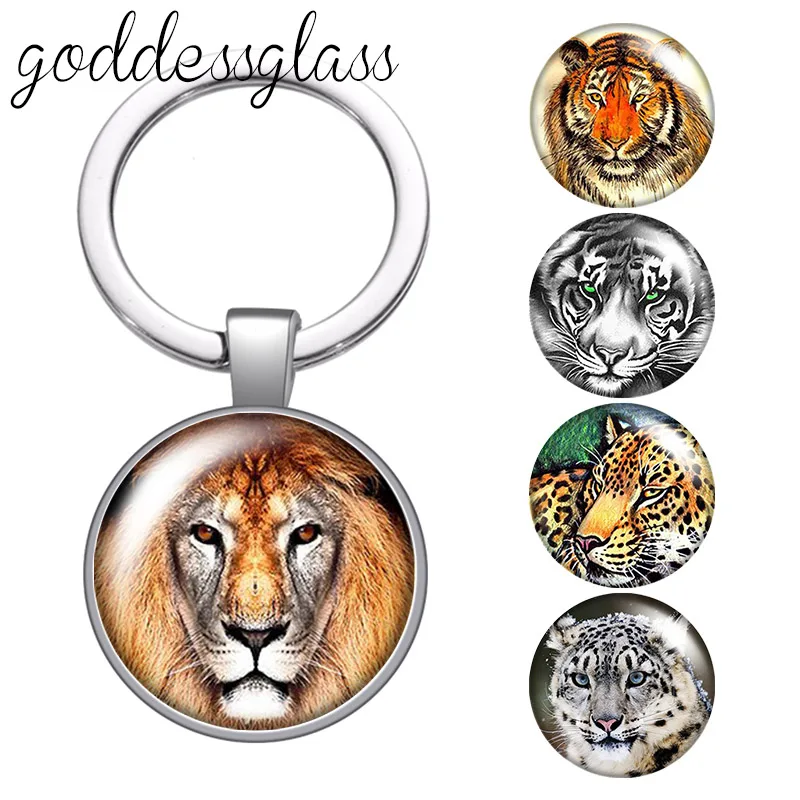 Animals Wild Beast tiger lion Wolf leopard Round glass cabochon keychain Bag Car key chain Ring Holder Charms keychains for gift