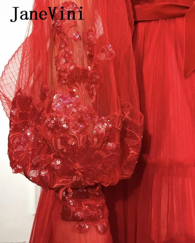 JaneVini – Robe de bal de forme trapèze, Robe Longue, Rouge musulman, manches longues, col en V, paillettes appliquées, arabie saoudite, 2019