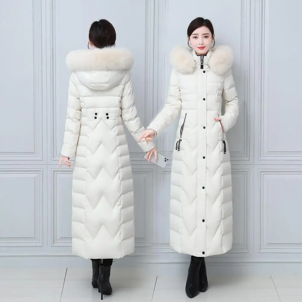 4XL fashion 125cm X-long real fox fur down coat female thicker warm Down Jacket big real fox fur collar hooded Parkas F2212