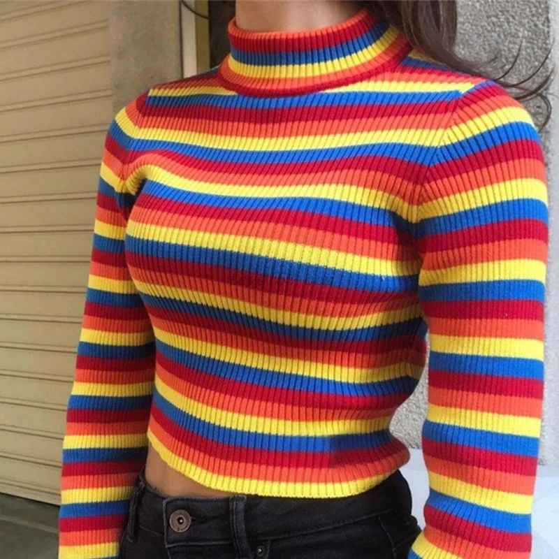 Womens Autumn Long Sleeve Turtleneck Sweater Colorful Rainbow Stripes Short Crop Tops Bodycon Ribbed Knitted Basic Pullover Jump