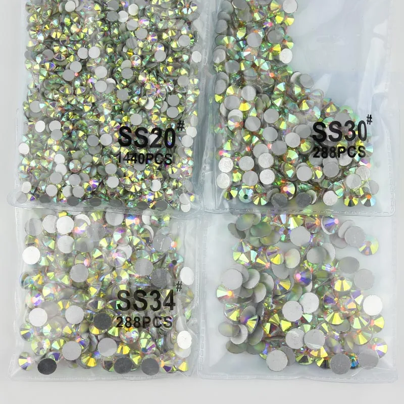 SS3-SS40(1.3mm-8.4mm) AAAAA Non Hotfix flatback Rhinestones glass crystal AB clear rhinestone for Nails 3D nail art decoration