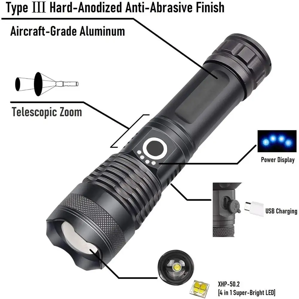 XHP-50 LED Flashlight Indicator Zoom Tactical Light USB Rechargeable Flashlight Powerful 10w 5-Mode Lantern For Camping Hunting