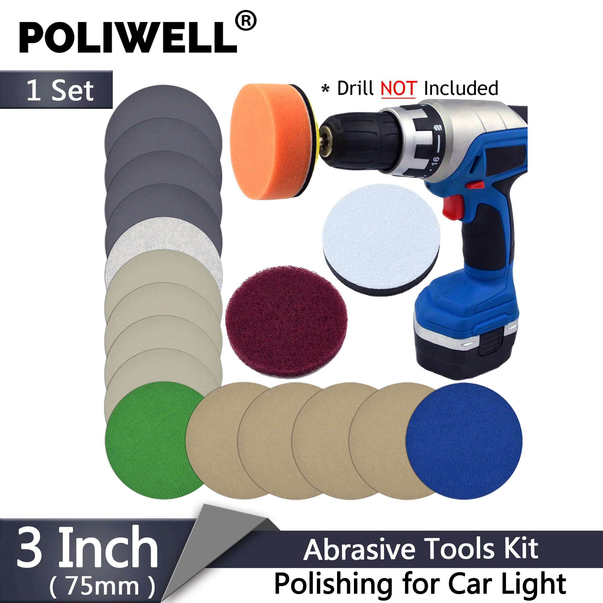 POLIWELL 3 Inch Automotive Polishing Set Car Headlight Restoration Kit Light Repair Sandpaper Sponge Cleaning Pads Fits Dremel