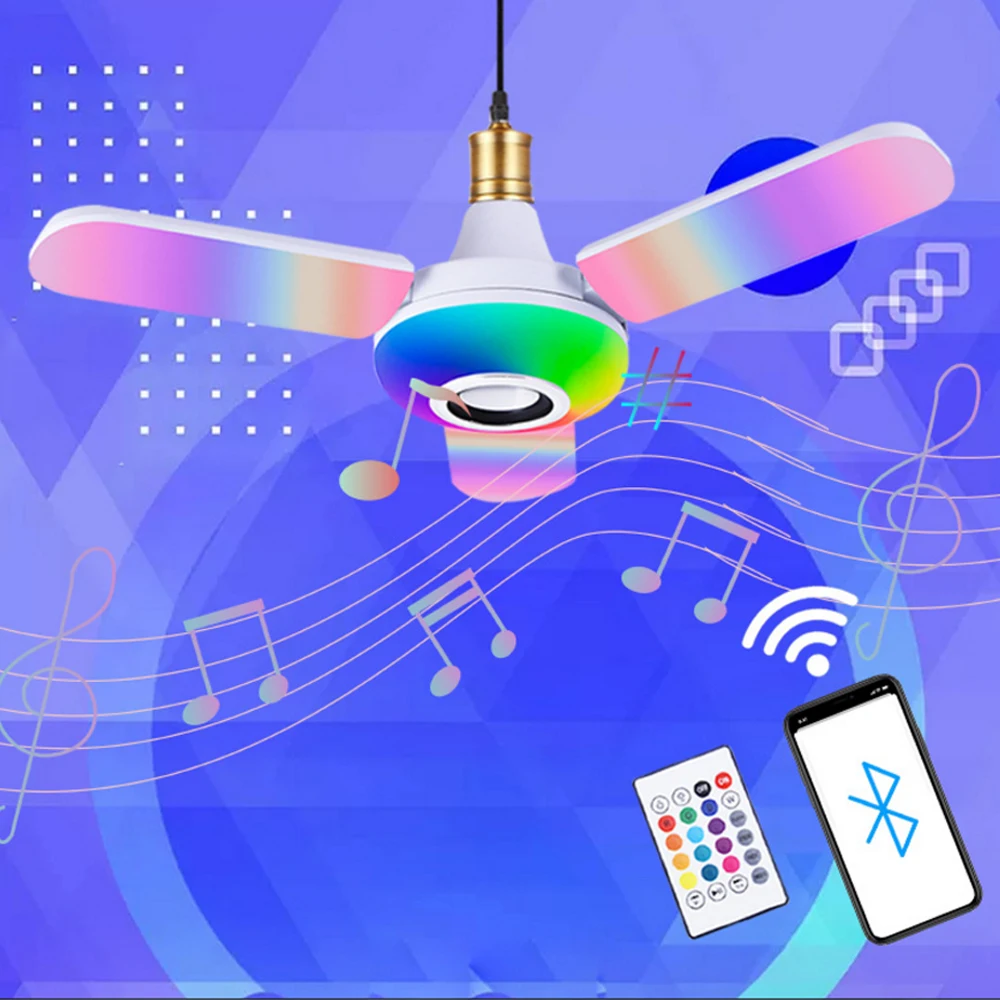 Bluetooth Musik Licht RGB Vier Blätter Fan Shaped 50W E27 Led-lampe Mit Fernbedienung Faltbare Birne Smart Lautsprecher lampe AC85-265V