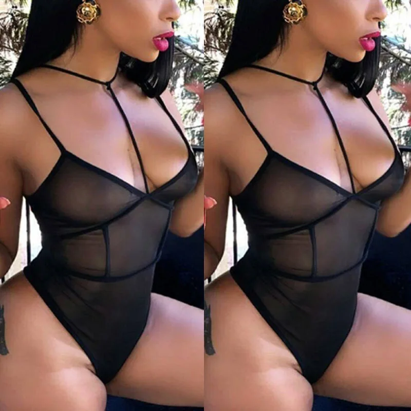 Deep V Neck Mesh Bodysuit Women Fashion Black Sexy Jumpsuit Ladies Body Female Mesh Bodysuit