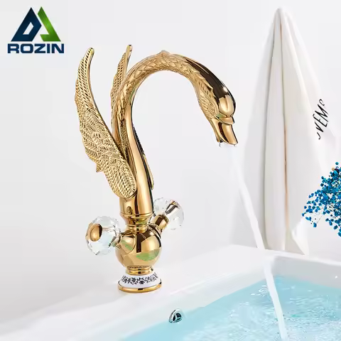 Rozin Luxury Golden Basin Faucet Golden Swan Shape Bathroom Faucet Soild Brass Deck Mount Hot Cold Water Dual handle Mixer Tap