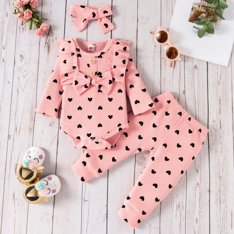 Baywell 3Pcs Baby Girl Outfit Set Newborn Toddler Girls Clothes Love Printed Long Sleeve Bodysuit +Pants+Headband Clothing