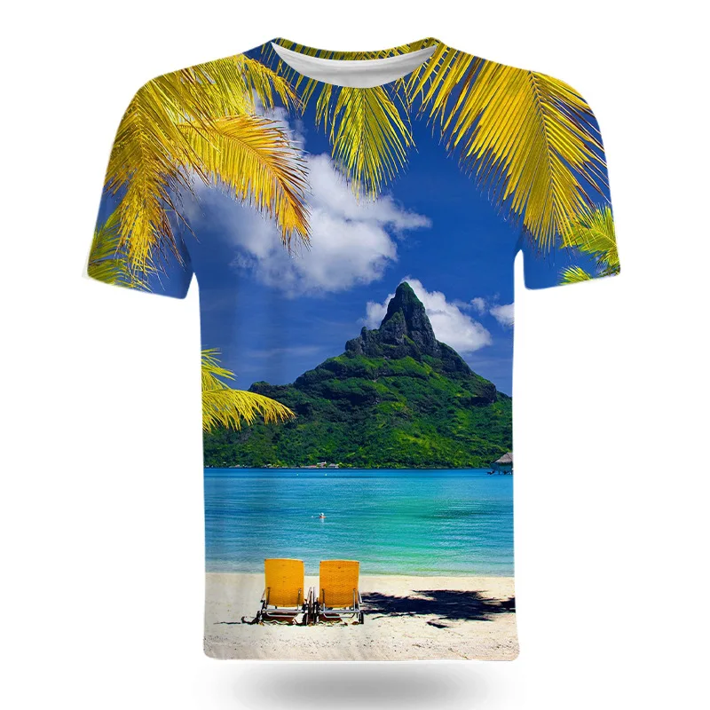 Fashion Coastal natural scenery graphic t shirts Summer style 3D Print Men t-shirt Casual Interesting short sleeve t-shirts Tops