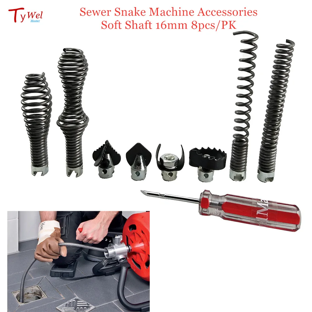 Sewer Snake Machine Accessories Soft Shaft 16mm 8pcs/PK Straight Bulb Restrieving Auger Blade Grease Sawtooth Cutter Pipe Clean